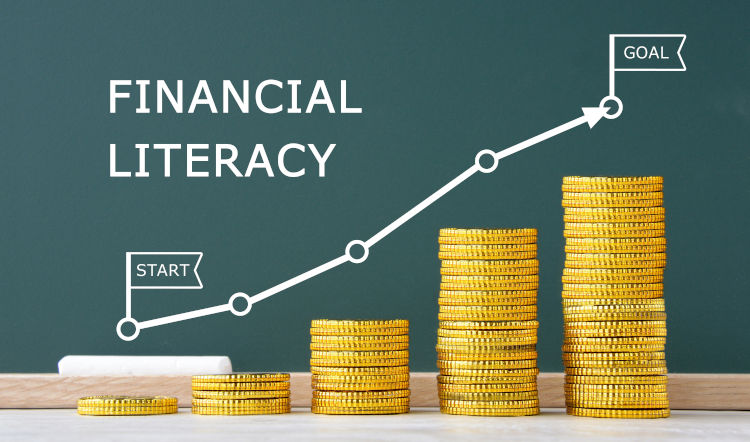 "financial,Literacy",Word,On,Blackboard,And,Piled,Coins,And,Upward